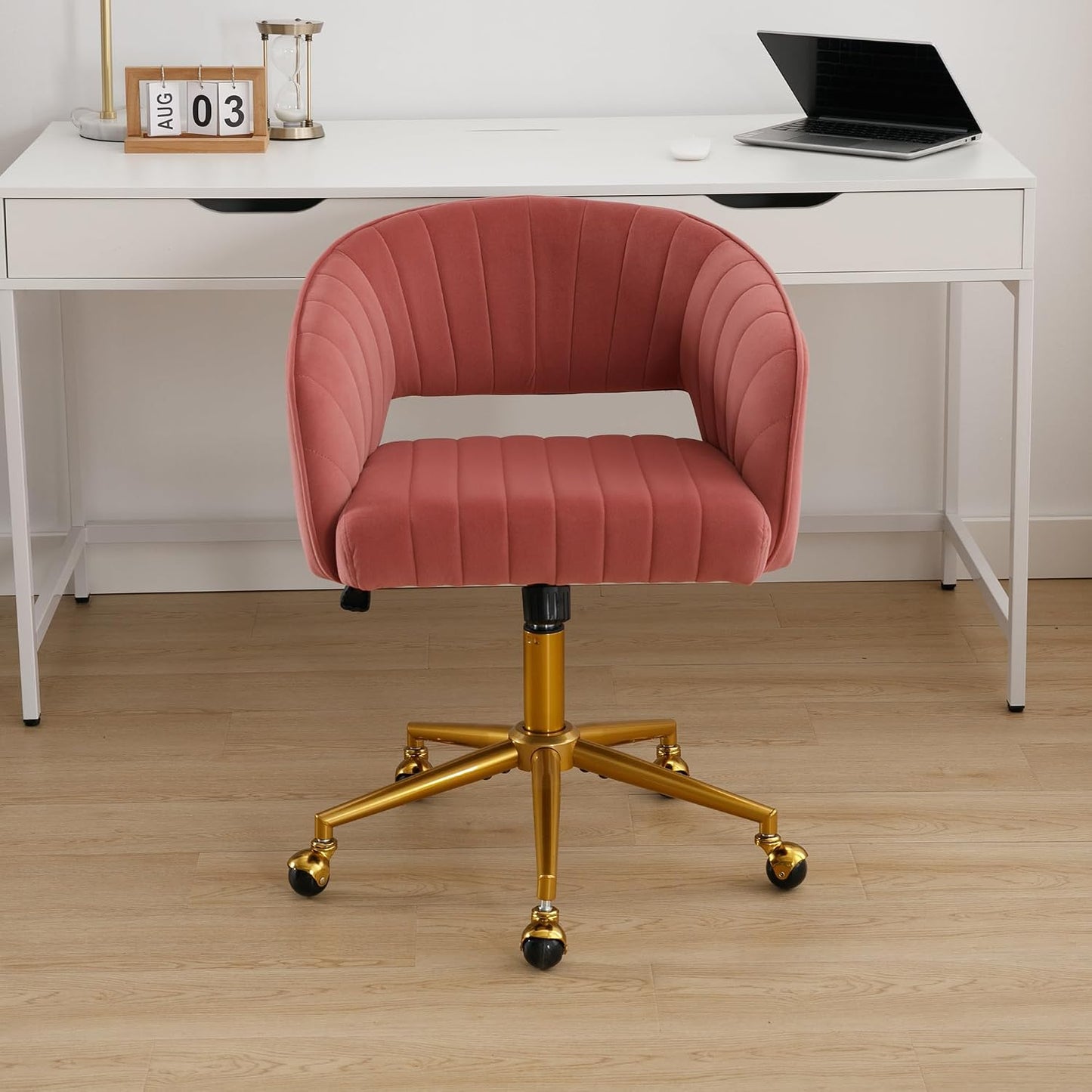 Red Velvet Swivel Desk Chair Adjustable Vanity Chair with Gold Base and Wheels