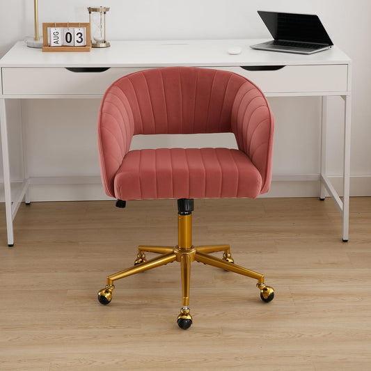 Red Velvet Swivel Desk Chair Adjustable Vanity Chair with Gold Base and Wheels