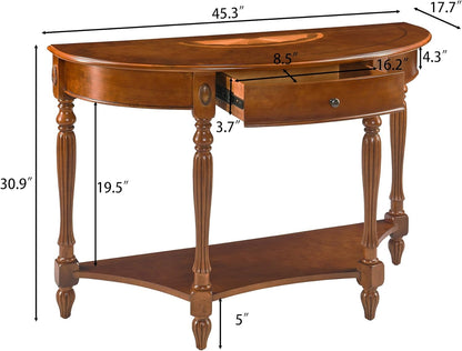 Solid Wood Demi Lune Console Table with Drawer and Storage Shelf