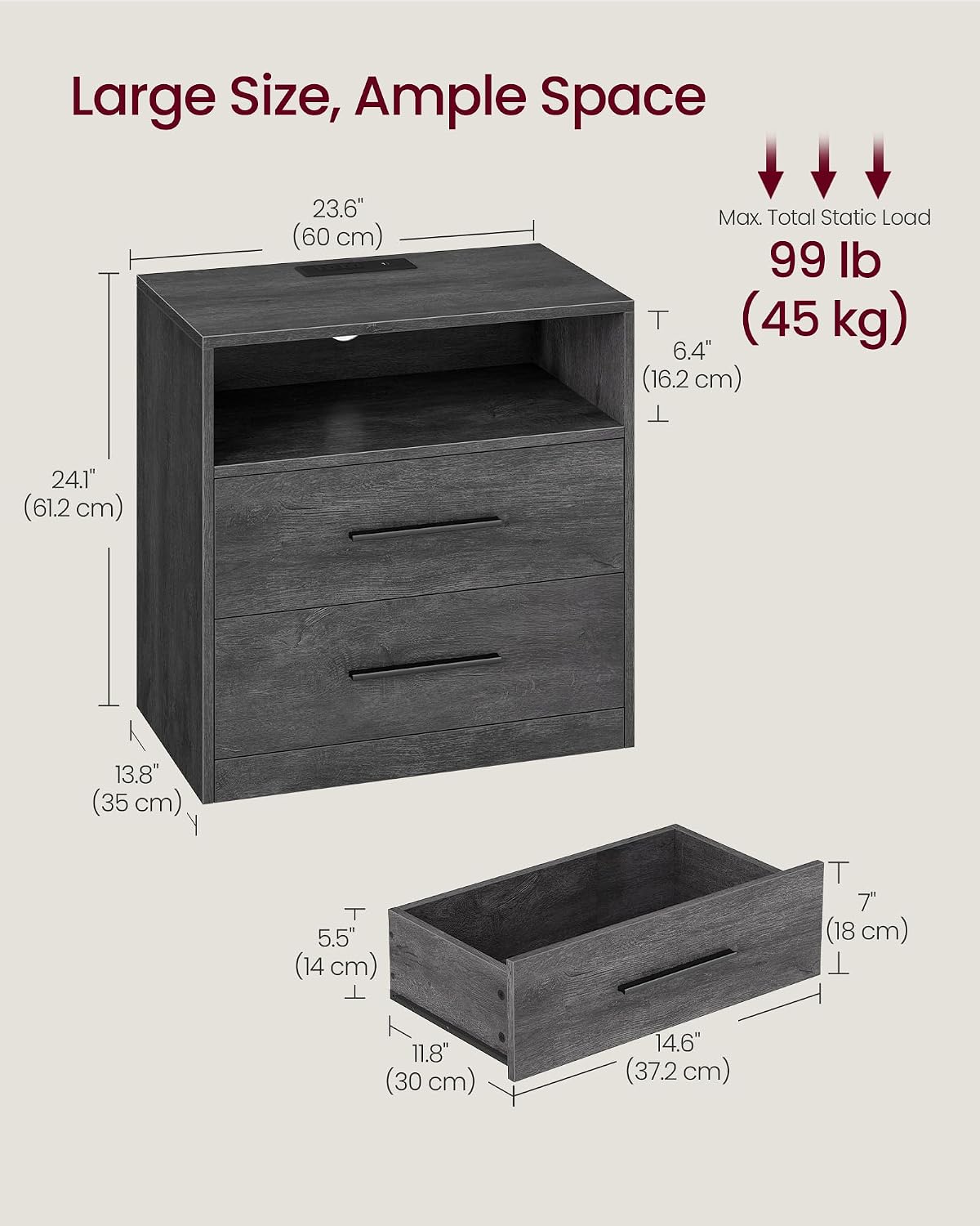 Modern Misty Gray Nightstand with LED Lights & Charging Station – 2-Drawer Bedside Table