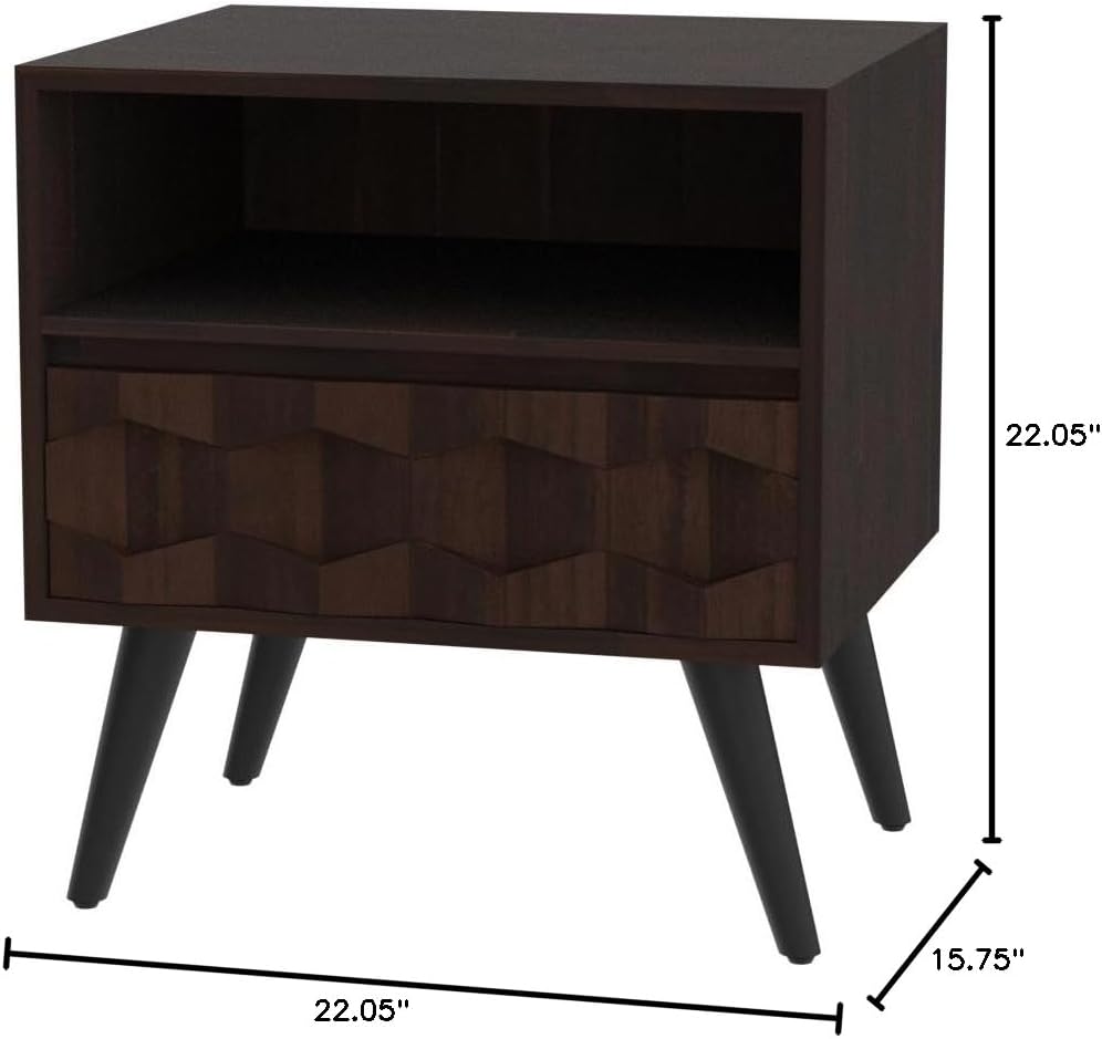 Solid Acacia Wood Geometric Nightstand with Drawer & Open Shelf