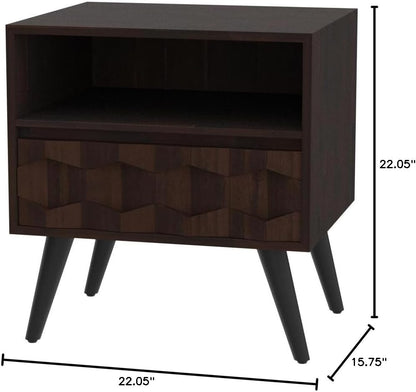 Solid Acacia Wood Geometric Nightstand with Drawer & Open Shelf