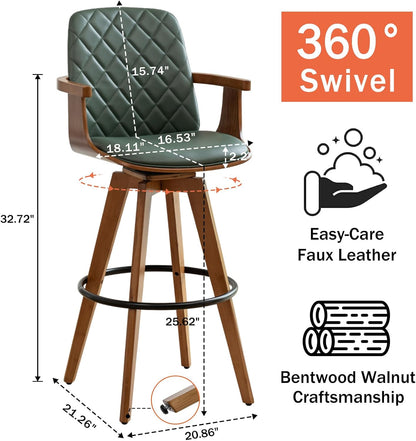 Walnut Swivel Bar Stool with Arms Beige Faux Leather Mid Century Chair