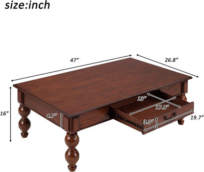 Traditional Walnut Coffee Table with Drawer Rustic Farmhouse Wood Living Room Table