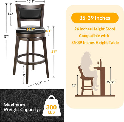 Swivel Counter Height Bar Stools Black Faux Leather Wood Set of 2