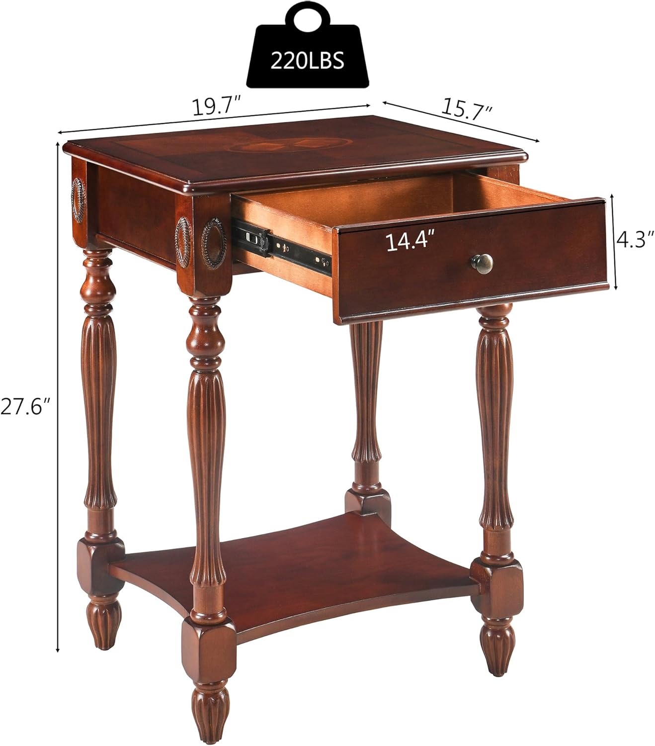 Victorian Solid Wood End Table Cherry Walnut Nightstand with Drawer and Storage Shelf