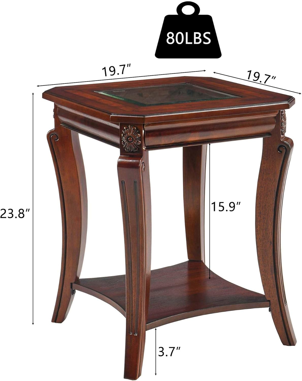 Solid Wood Square End Table with Glass Top and Storage Shelf