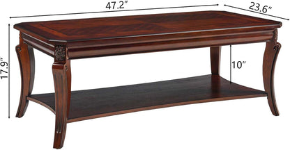 Solid Wood Coffee Table Cherry Brown with Storage Shelf Traditional Farmhouse Table