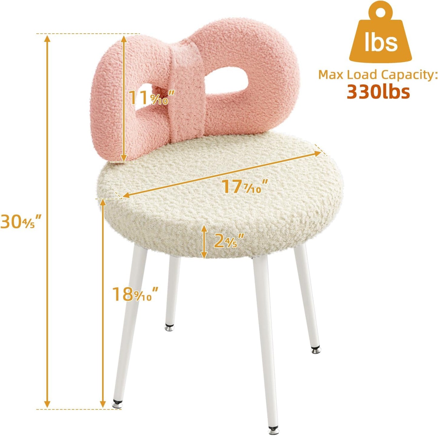Pink Bow Vanity Chair Swivel Upholstered Makeup Chair with Metal Legs