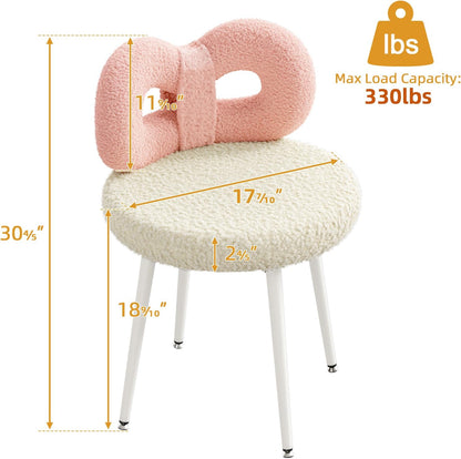 Pink Bow Vanity Chair Swivel Upholstered Makeup Chair with Metal Legs