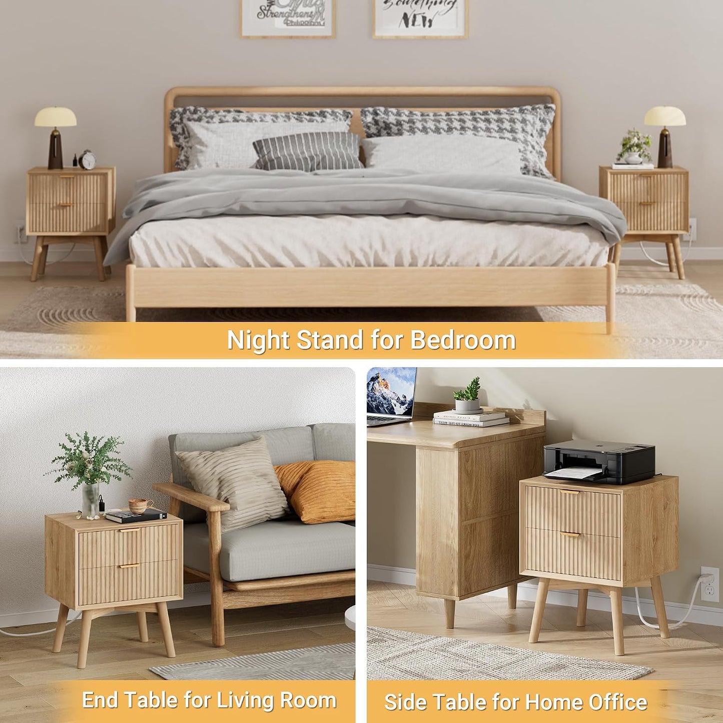 Modern Fluted Nightstand with Charging Station & 2 Drawers
