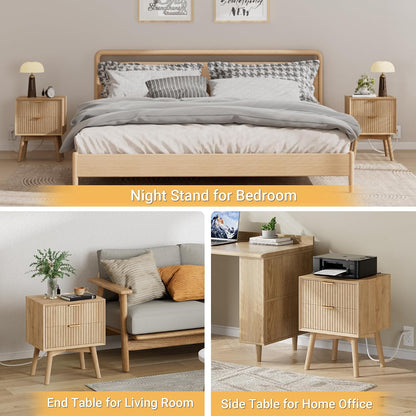 Modern Fluted Nightstand with Charging Station & 2 Drawers