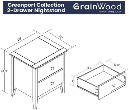 Solid Pine Wood 2-Drawer Nightstand – Brushed Walnut Bedside Table