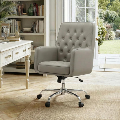 Khaki Leather Office Chair Tufted Adjustable Swivel Desk Chair with Arms