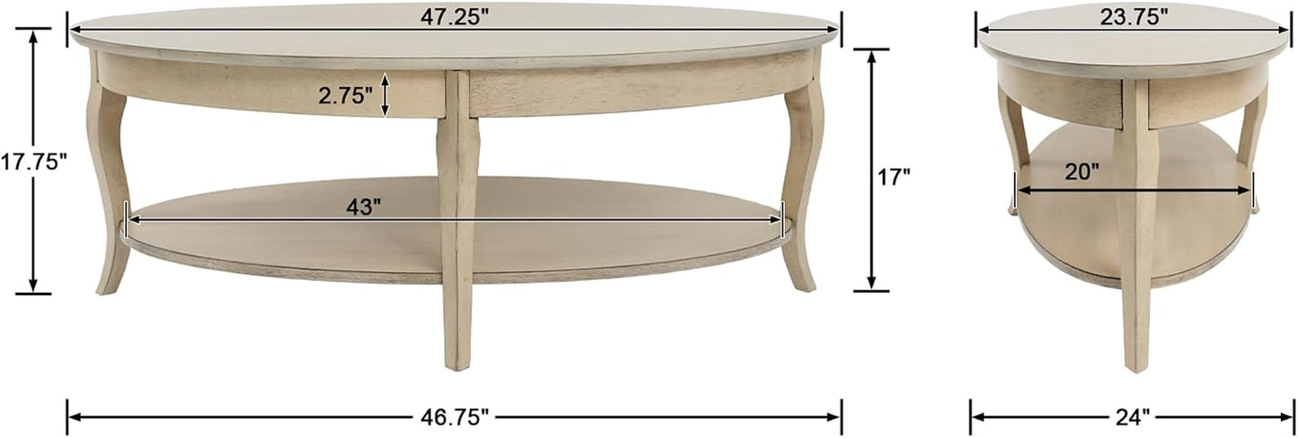 Oval Solid Wood Coffee Table with Lower Storage Shelf Antique White