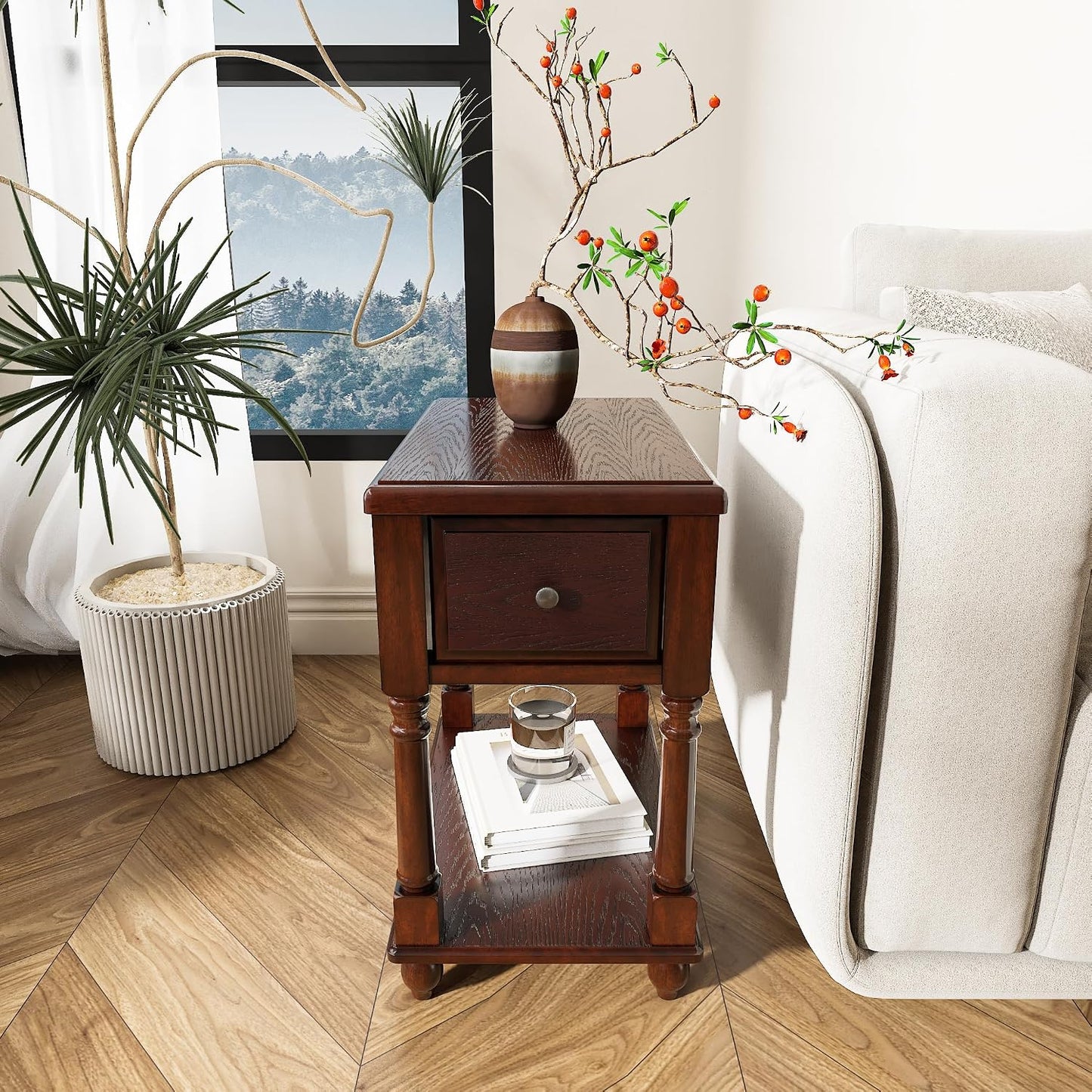 Solid Wood Narrow Nightstand with Drawer Cherry Brown Bedside End Table