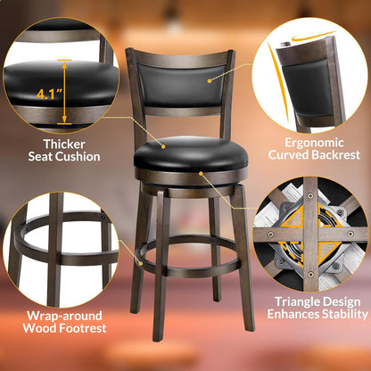 Swivel Counter Height Bar Stools Black Faux Leather Wood Set of 2