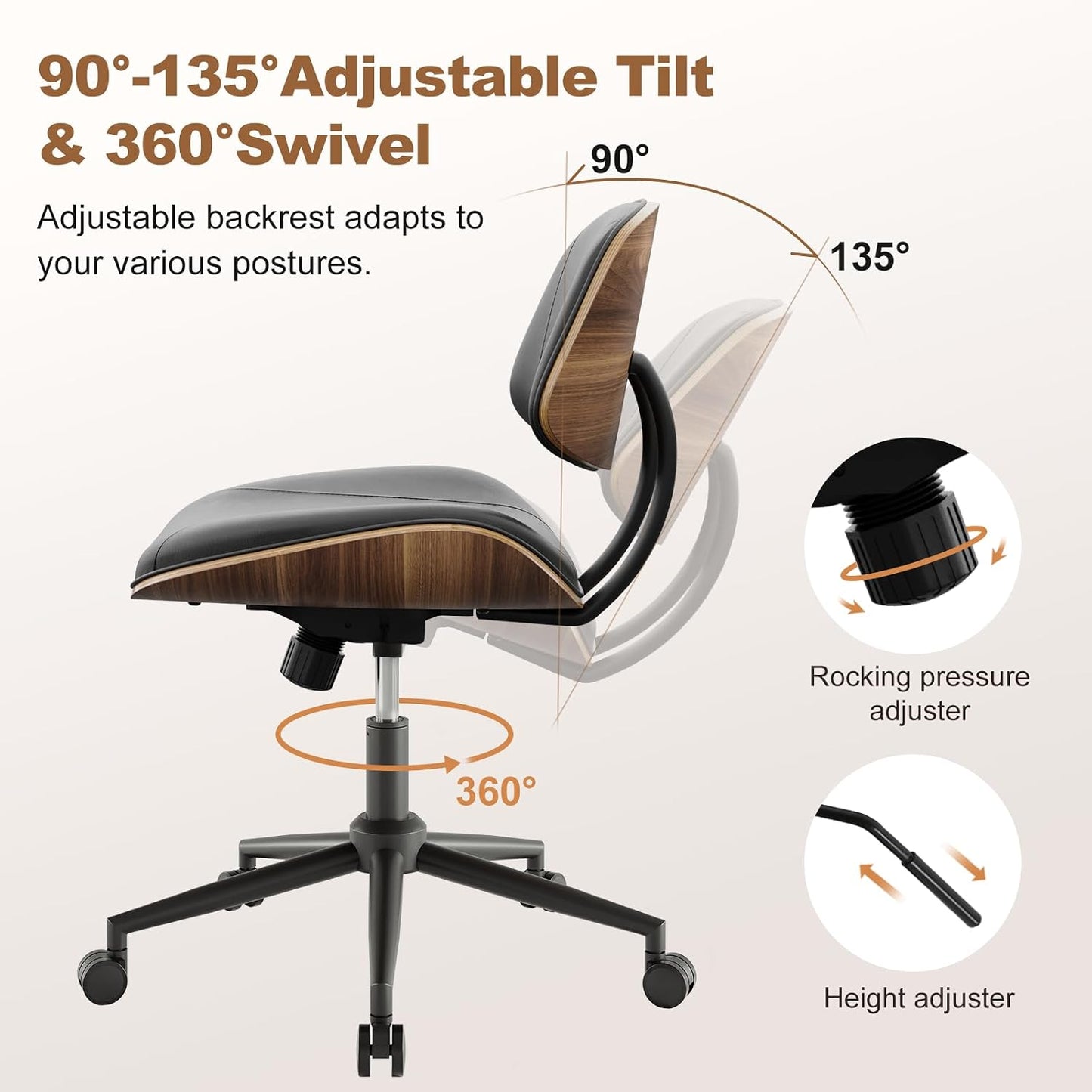 Black PU Leather Office Chair Armless Swivel Desk Chair with Walnut Back and Wheels
