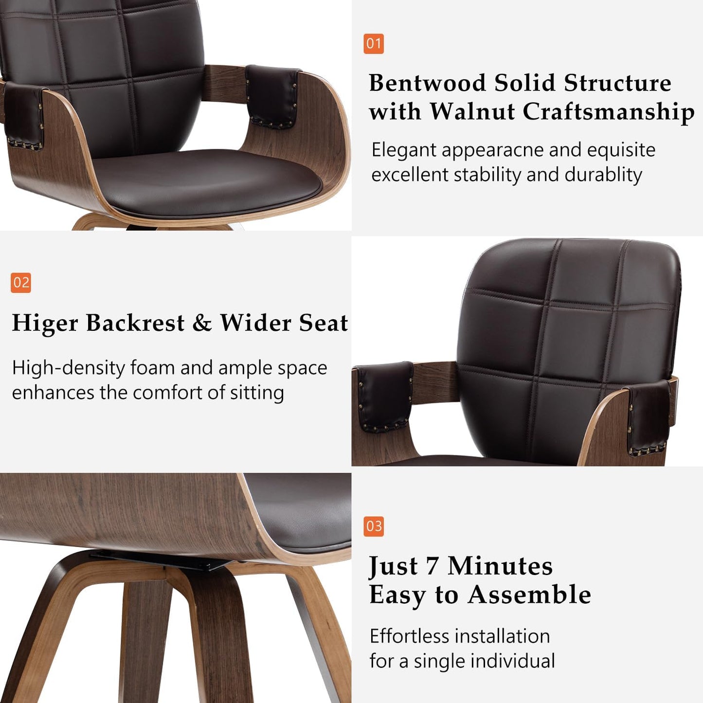 Walnut Brown Swivel Dining Chair with Arms Faux Leather Mid Century Chair