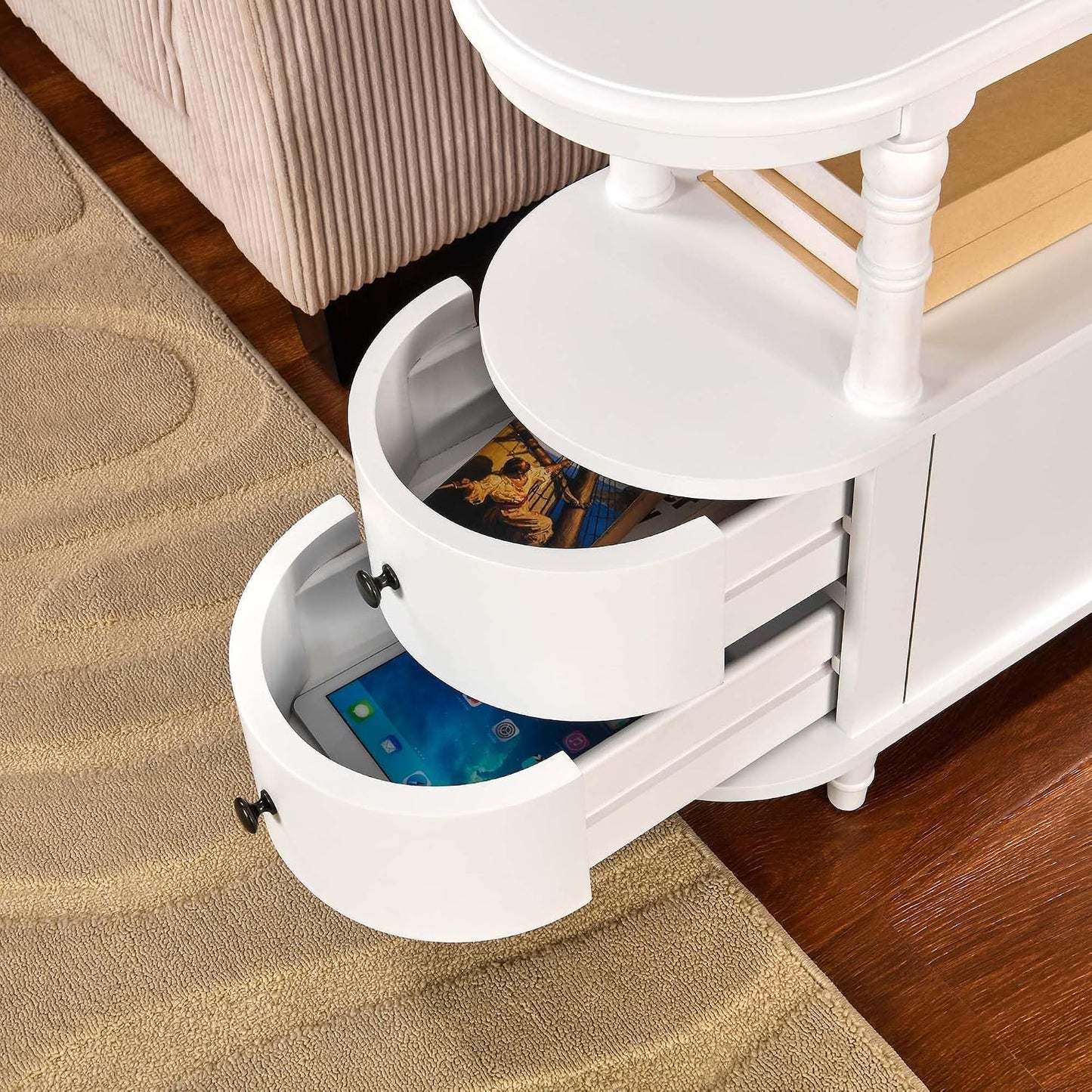 Solid Wood Narrow End Table with Drawers White Slim Bedside Nightstand