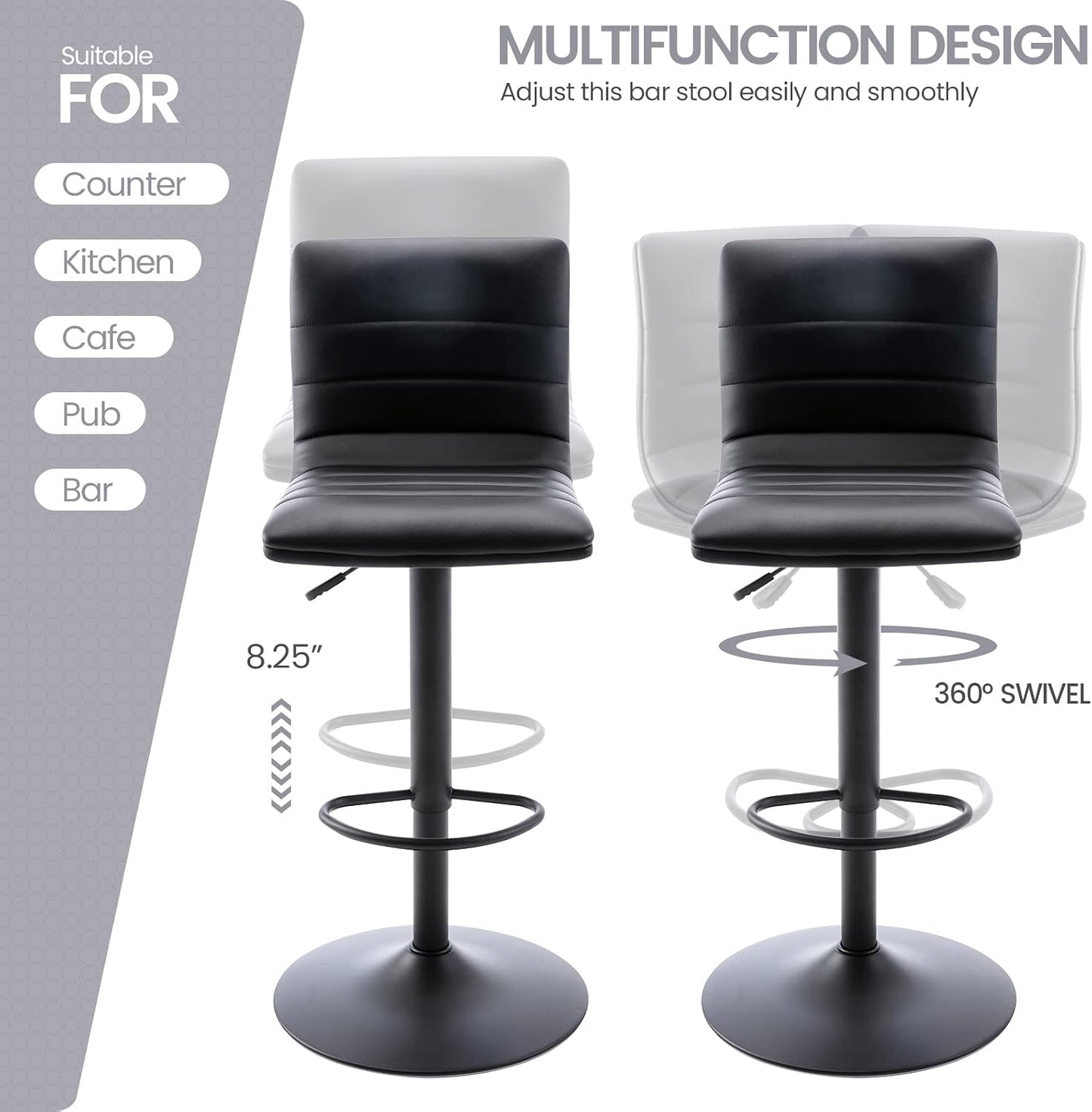 Black Adjustable Bar Stools Set of 2 Modern Swivel Faux Leather Chairs