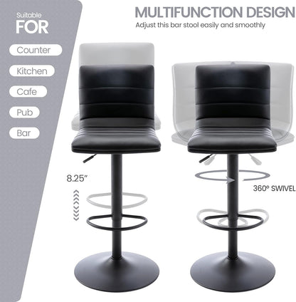 Black Adjustable Bar Stools Set of 2 Modern Swivel Faux Leather Chairs