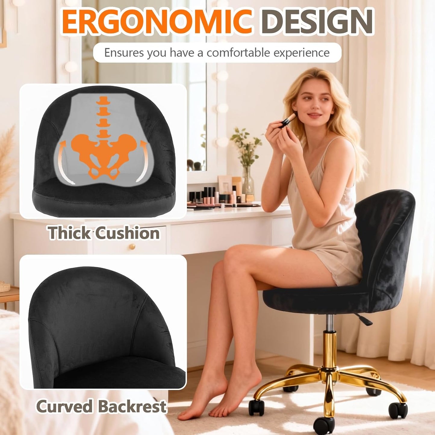 Black Velvet Vanity Chair Gold Base Adjustable Swivel Rolling Desk Chair