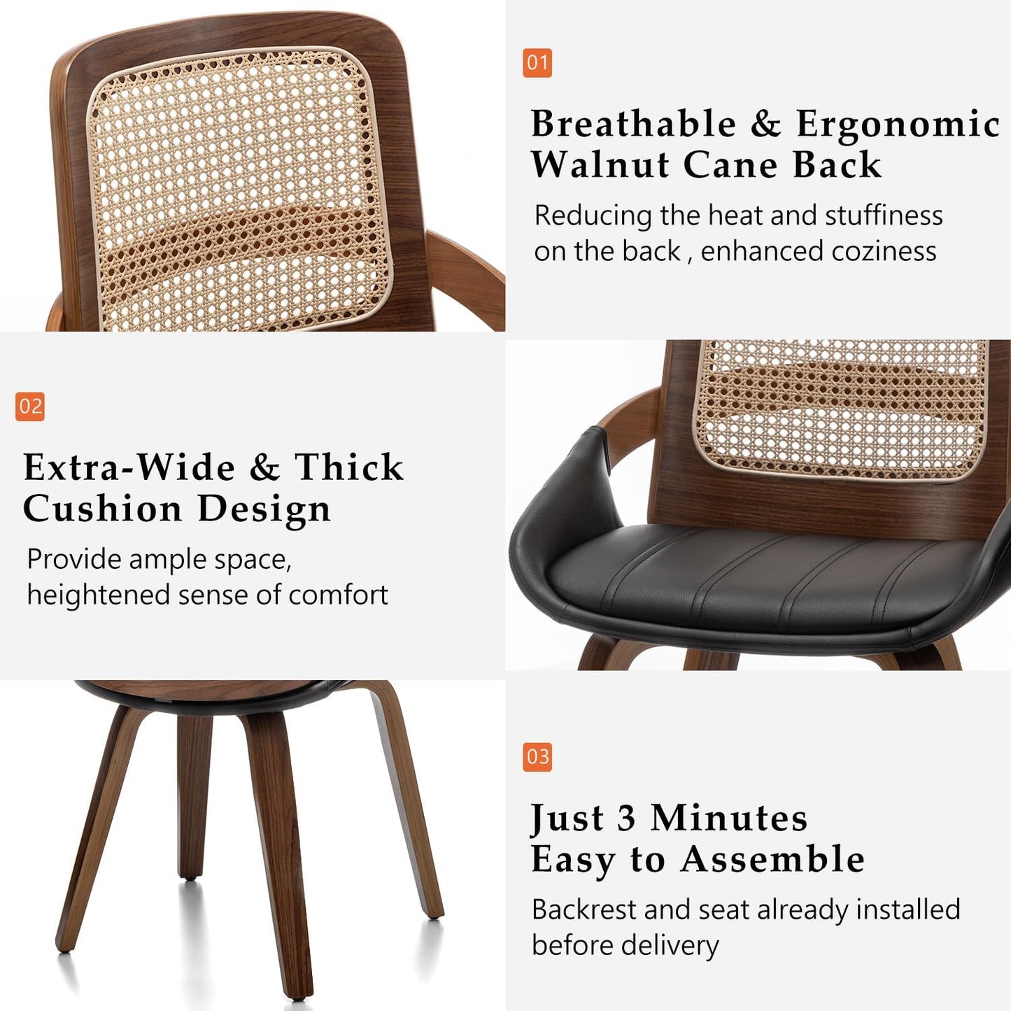 Walnut Rattan Dining Chair with Cane Back Black Upholstered Seat and Arms