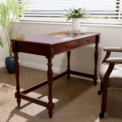 Vintage Solid Wood Writing Desk with 2 Drawers Cherry Brown Secretary Table