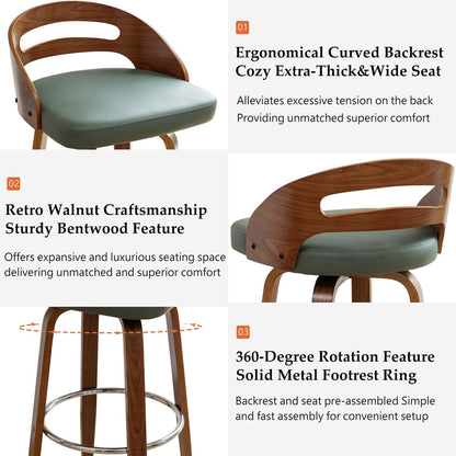 Walnut Green Swivel Counter Stool with Faux Leather Seat Mid Century Bar Chair