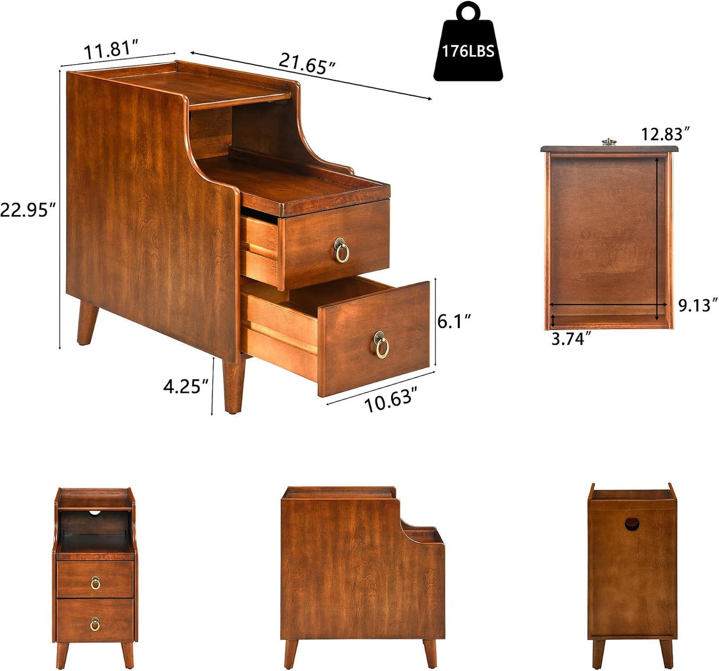 Solid Wood Narrow End Table with 2 Drawers Pull Out Tray