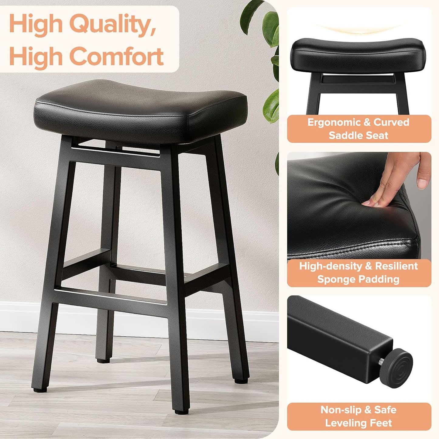 29 Inch Black Bar Height Stools Set of 2 Bonded Leather Saddle Seats