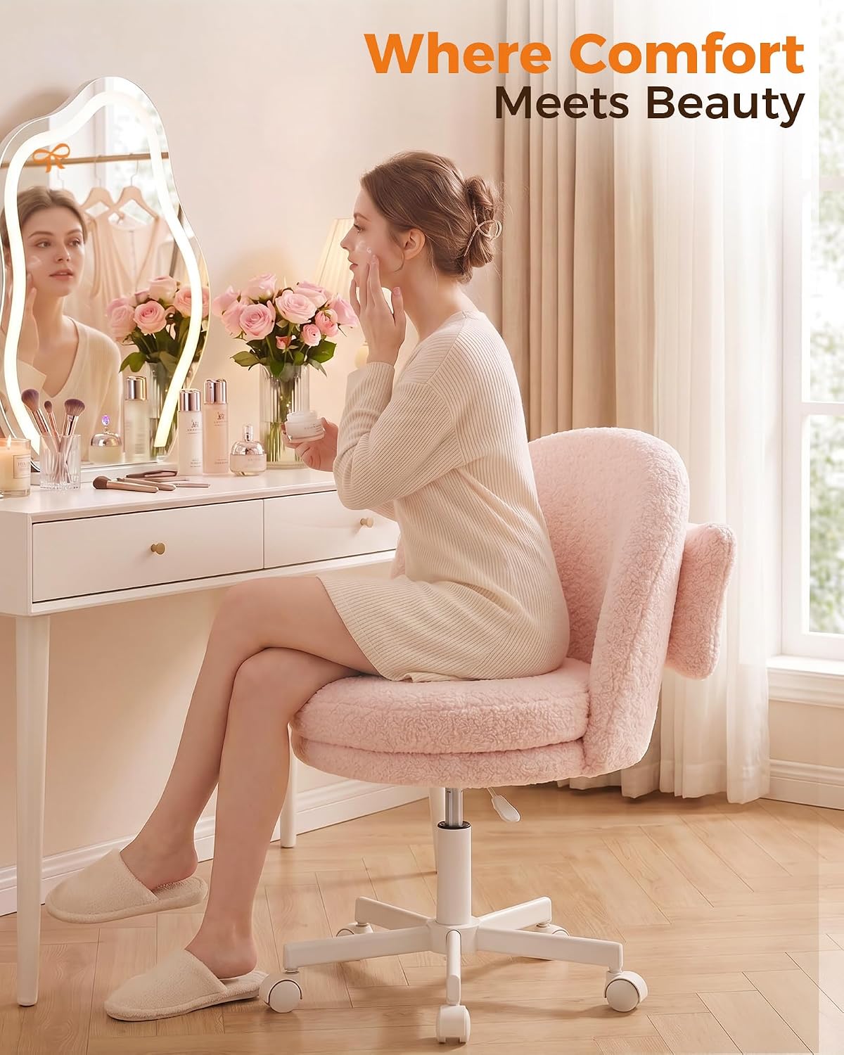 Pink Velvet Vanity Chair Adjustable Swivel Rolling Desk Chair with Lumbar Pillow
