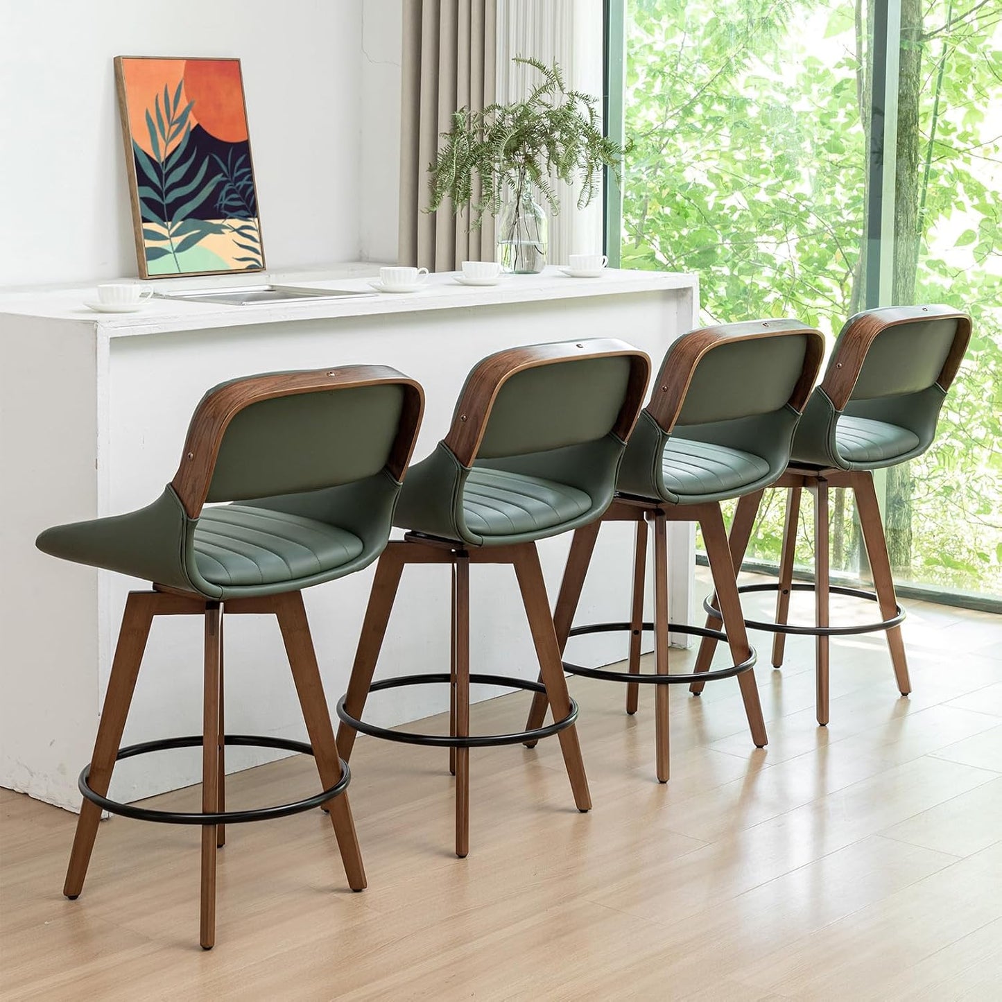 Walnut Black Swivel Bar Stools Faux Leather Mid Century Set of 2