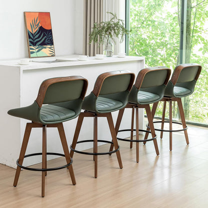 Walnut Black Swivel Bar Stools Faux Leather Mid Century Set of 2