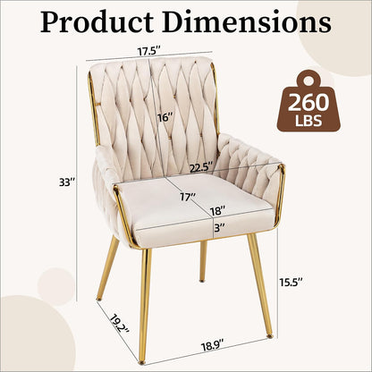 Beige Velvet Accent Chair Hand Woven Upholstered Armchair with Gold Metal Legs