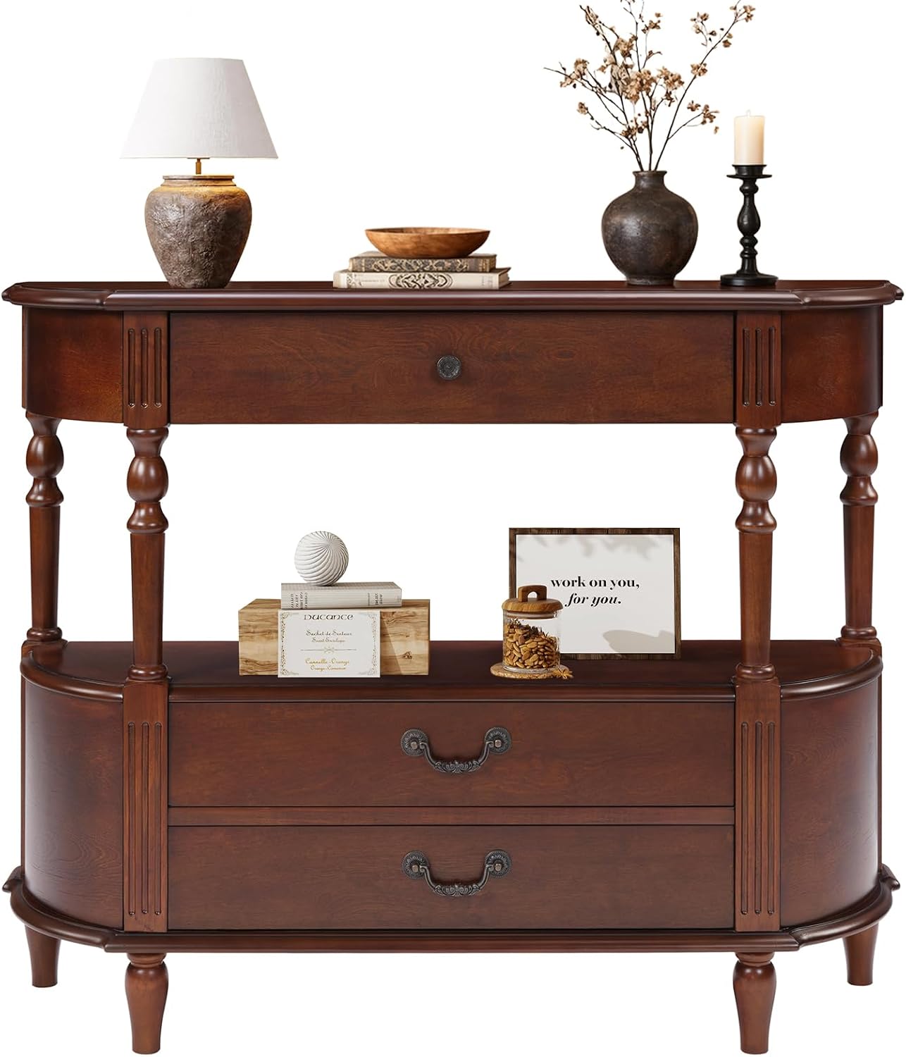 Solid Wood Console Table with Drawers Cherry Half Moon Entryway Table
