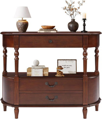Solid Wood Console Table with Drawers Cherry Half Moon Entryway Table