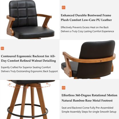 Walnut Black Swivel Counter Stool with Arms Mid Century Upholstered Bar Chair