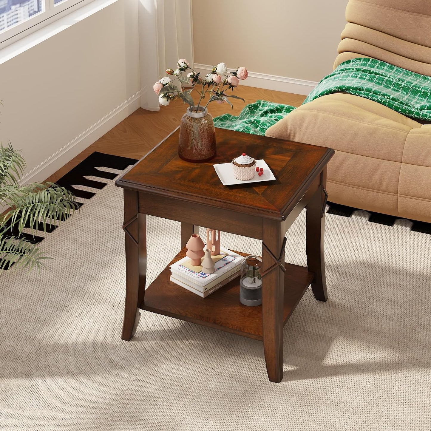 Solid Wood Square End Table with Lower Storage Shelf Cherry Walnut