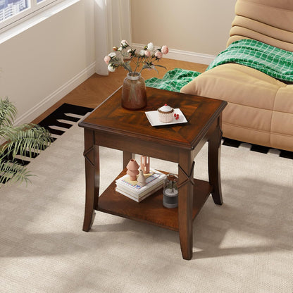 Solid Wood Square End Table with Lower Storage Shelf Cherry Walnut