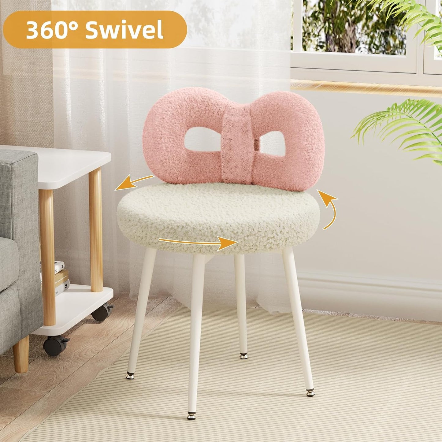 Pink Bow Vanity Chair Swivel Upholstered Makeup Chair with Metal Legs