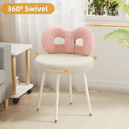 Pink Bow Vanity Chair Swivel Upholstered Makeup Chair with Metal Legs