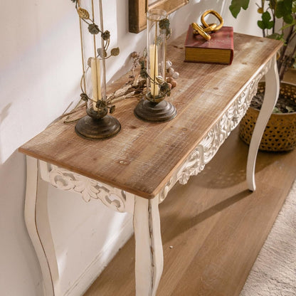 French Country Console Table Antique White Carved Wood Entryway Sofa Table