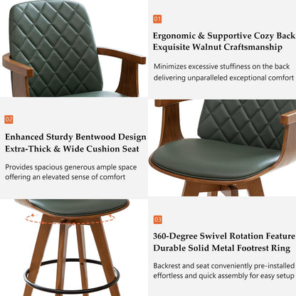 Walnut Swivel Bar Stool with Arms Beige Faux Leather Mid Century Chair