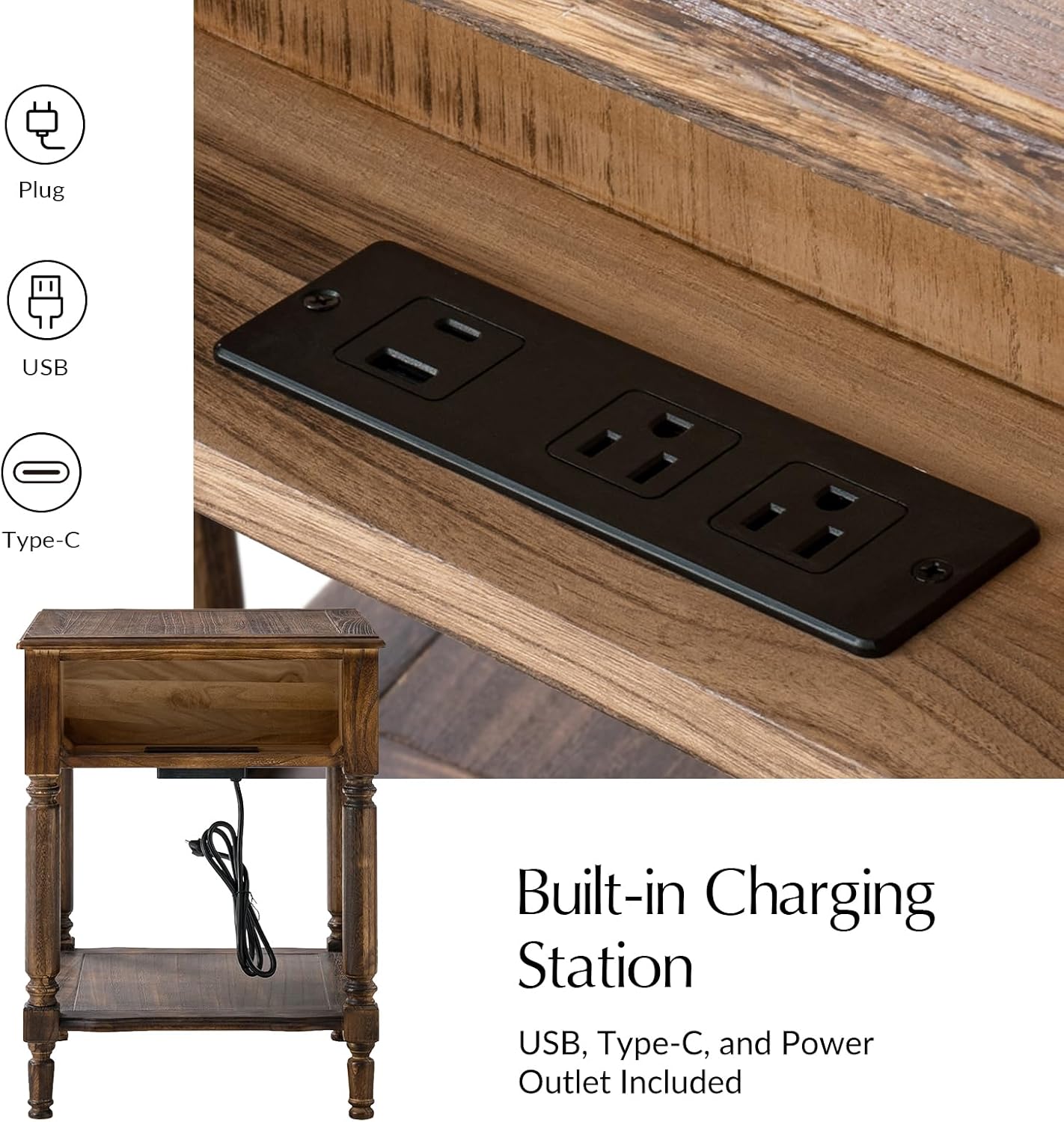 Walnut Spindle End Table with Drawer Charging Station and Pull Out Shelf