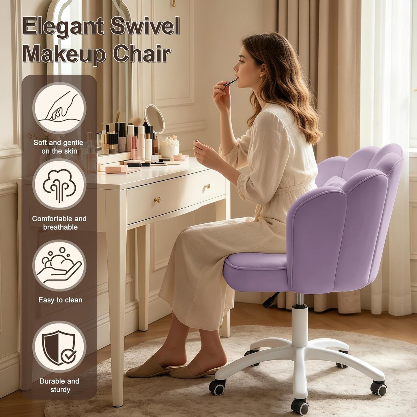 Purple Velvet Petal Vanity Chair Swivel Rolling Desk Chair with Bow Cushion