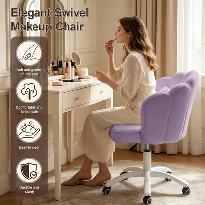 Purple Velvet Petal Vanity Chair Swivel Rolling Desk Chair with Bow Cushion