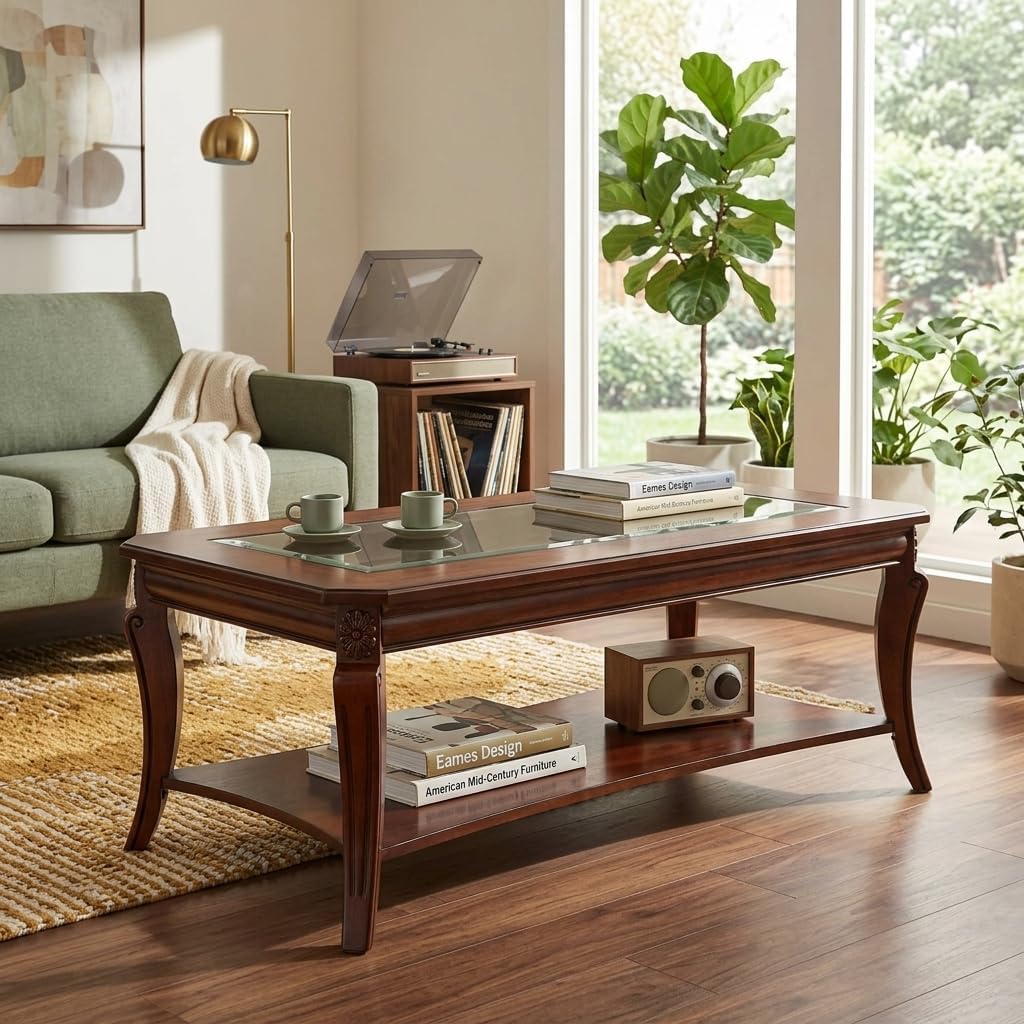 Solid Wood Glass Top Coffee Table Cherry Brown with Storage Shelf Classic Farmhouse Table