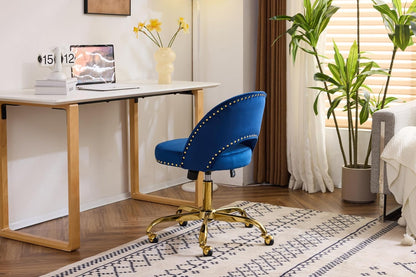 Navy Blue Velvet Office Chair Gold Swivel Rolling Vanity Desk Chair